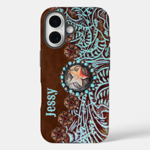 Rustikal Brown Türkis Cowboy Western Land iPhone 16 Hülle