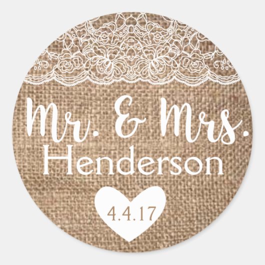 Rustikal, Burlap & Lace, Mr. & Mrs. Stickers- Favo Runder Aufkleber (Vorderseite)
