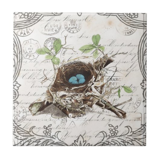 rustikal-chic-französisches botanisches Vogelnest Fliese (Vorderseite)