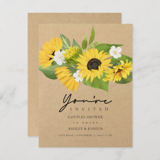 Rustikal Chic Sonnenblumen Kraft Papier Couple Dus Einladungspostkarte (Vorne/Hinten)