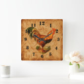 Rustikal Country Rooster Verziert Quadratische Wanduhr (Zuhause)