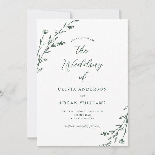 Rustikal Dark Green Wildblume Boho Wedding Einladung (Vorderseite)