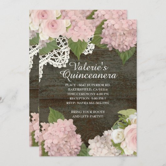 Rustikal dunkelholz Spitzen Rose Hydrangea Tischsi Einladung (Vorne/Hinten)