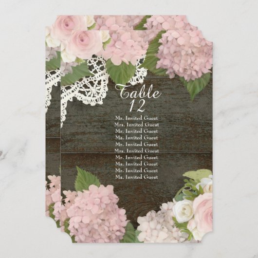 Rustikal dunkelholz Spitzen Rose Hydrangea Tischsi Einladung (Vorne/Hinten)