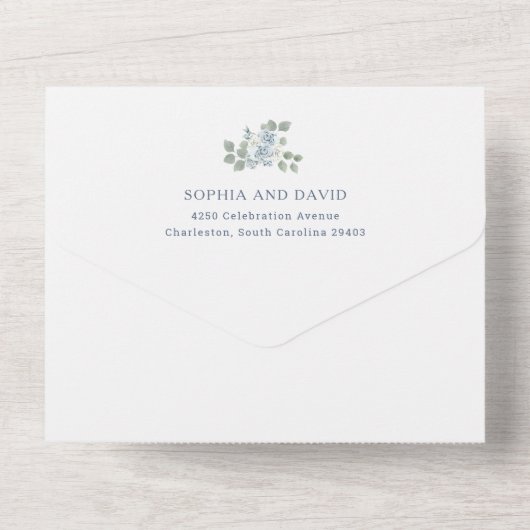 Rustikal Dusty Blue Floral | Wasserfarbenhochzeit All In One Einladung (Rückseite)