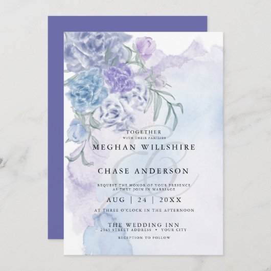 Rustikal Dusty Blue Watercolor Floral Einladung (Vorne/Hinten)