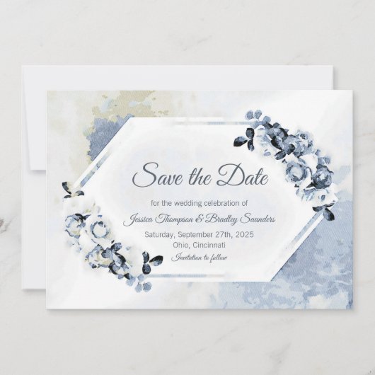 Rustikal Dusty Blue Watercolor Floral Save The Date (Vorderseite)