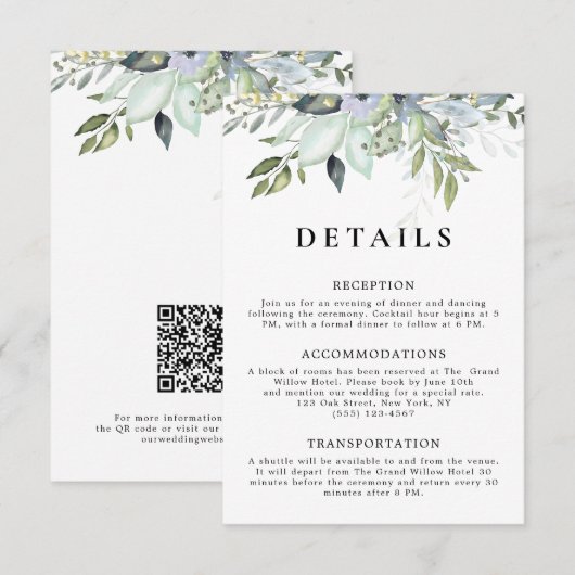 Rustikal Elegante Grüne QR-Code Hochzeitsdetails Begleitkarte (Vorne/Hinten)