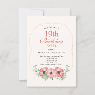 Rustikal Elegante Rosa Blüten 19. Geburtstag Einladung