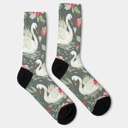 Rustikal Elegantes Schwan- und Herz-Elemente-Muste Socken (Rechts)