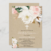 Rustikal erröten heilige Kommunion des rosa weißen Einladung (Vorne/Hinten)