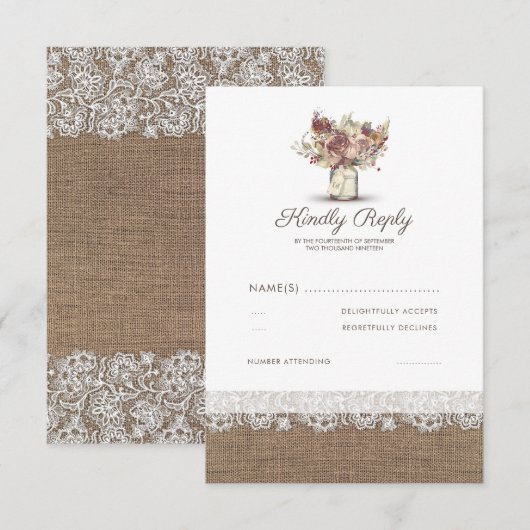 Rustikal Floral Mason Jar | Burlap Wedding RSVP Karte (Vorne/Hinten)