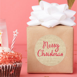 Rustikal frohe Weihnachten Burlap Print Red und Ta Runder Aufkleber