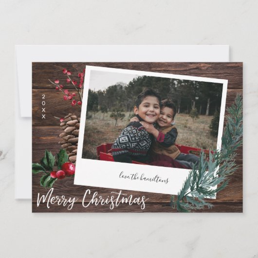 Rustikal frohe Weihnachten- Holz & Instant Foto In Einladung (Vorderseite)