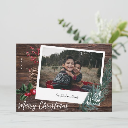 Rustikal frohe Weihnachten- Holz & Instant Foto In Einladung (Stehend Vorderseite)