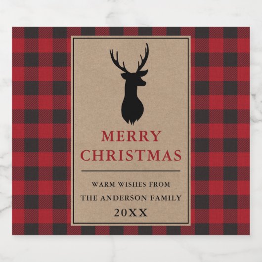 Rustikal Frohe Weihnachten Karierte Kraft Alkoholflaschenetikett (Einzelnes Label)