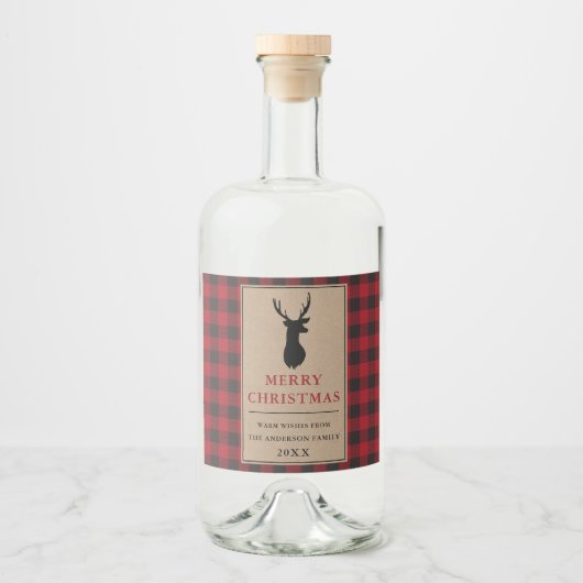 Rustikal Frohe Weihnachten Karierte Kraft Alkoholflaschenetikett (Vorderseite)