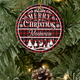 Rustikal frohe Weihnachten Rot & Schwarz Kariert C Keramik Ornament