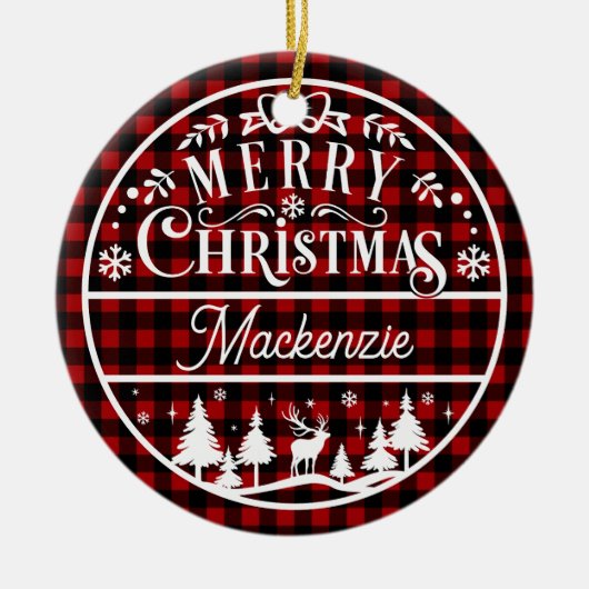 Rustikal frohe Weihnachten Rot & Schwarz Kariert C Keramik Ornament (Vorne)