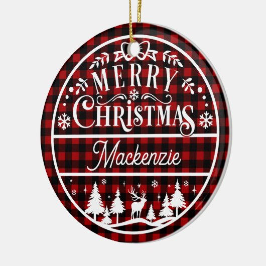 Rustikal frohe Weihnachten Rot & Schwarz Kariert C Keramik Ornament (Links)