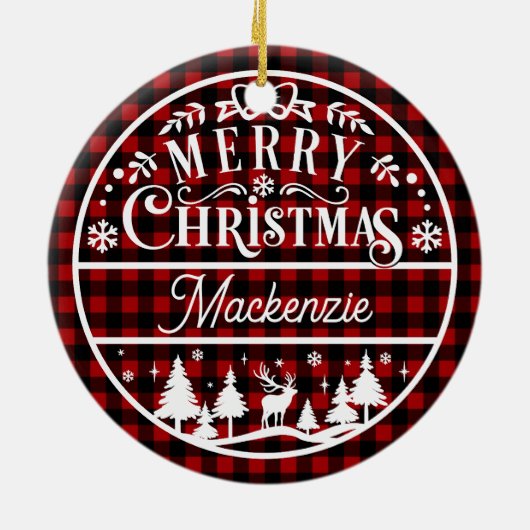 Rustikal frohe Weihnachten Rot & Schwarz Kariert C Keramik Ornament (Hinten)