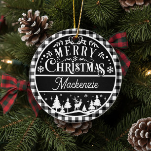 Rustikal frohe Weihnachten Schwarz & Weiß Karierte Keramik Ornament