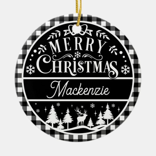 Rustikal frohe Weihnachten Schwarz & Weiß Karierte Keramik Ornament (Vorne)