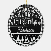 Rustikal frohe Weihnachten Schwarz & Weiß Karierte Keramik Ornament (Links)
