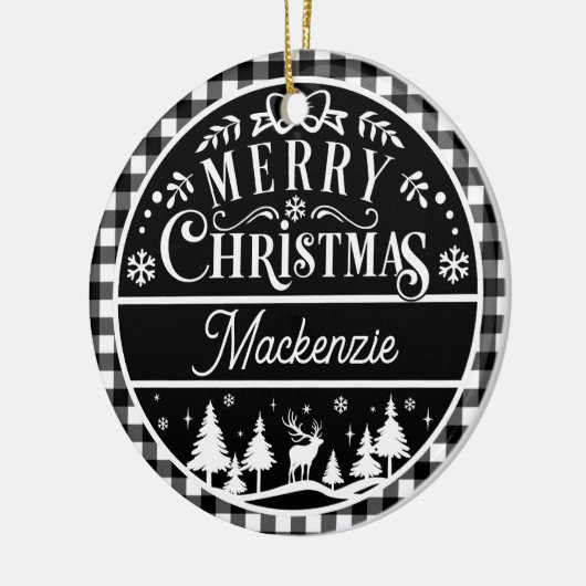 Rustikal frohe Weihnachten Schwarz & Weiß Karierte Keramik Ornament (Links)