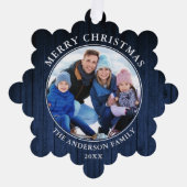 Rustikal frohe Weihnachts Blue Wood Print Ornament Karte (Vorderseite)