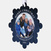 Rustikal frohe Weihnachts Blue Wood Print Ornament Karte (Linke Ecke)