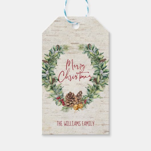Rustikal frohe Weihnachts-Script Wreath Birch Bark Geschenkanhänger (Vorderseite)