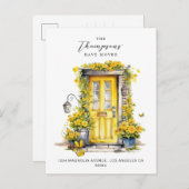 Rustikal gelbe Blumentür Wir bewegten uns Ankündigungspostkarte (Vorne/Hinten)