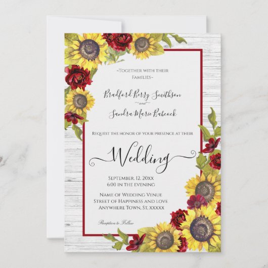 Rustikal-gelbe Sonnenblume Burgundy Bläserei Hochz Einladung (Vorderseite)