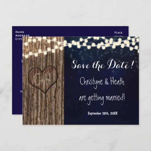 Rustikal gemeißeltes Baumherz Rett Datum Postkarte (Vorne/Hinten)