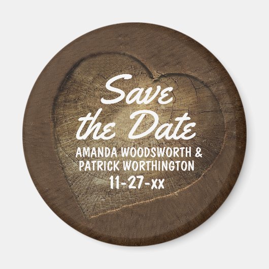 Rustikal geschnitzte Heart Oak Trece Save the Date Magnet (Vorne)