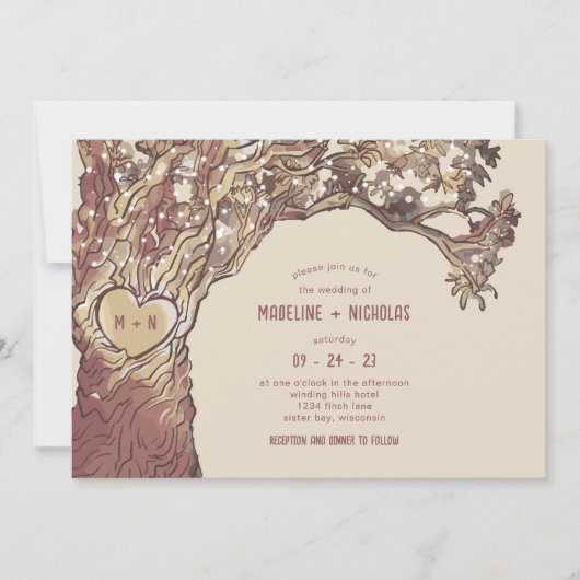 Rustikal geschnitzter Herzbaum Einladung zur Hochz (Vorderseite)