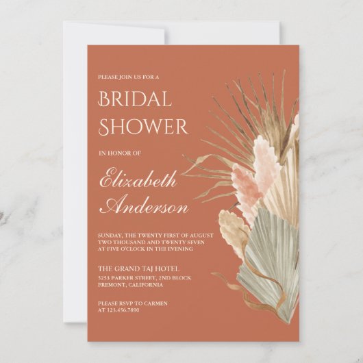 Rustikal getrocknete Palme Pampas Terracotta Braut Einladung (Vorderseite)