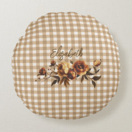 Rustikal Gingham Herbst Personalisiert Rundes Kissen