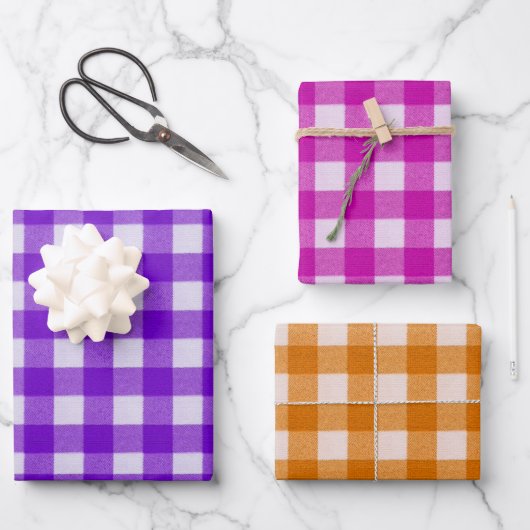 Rustikal Gingham Tartan Kariert Orange Lila Pink Geschenkpapier Set (Vorderseite)