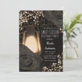 Rustikal glänzende Laterne warme schwarze Rose Swe Einladung (Stehend Vorderseite)