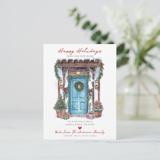 Rustikal glückliche Ferien Neue Zuhause-Tür-Bewegu Ankündigungspostkarte (Stehend Vorderseite)