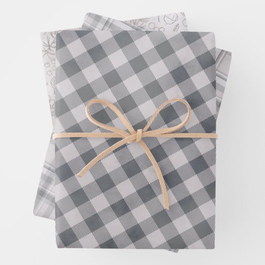 Rustikal, grau Kariert und Drei-Seiten-Muster-Wrap Geschenkpapier Set (Beispiel)
