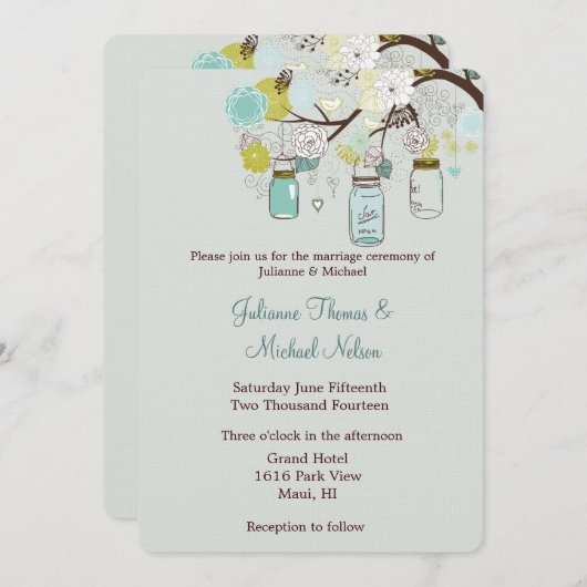 Rustikal Green Blue Green Mason Jars Blume Hochzei Einladung (Vorne/Hinten)