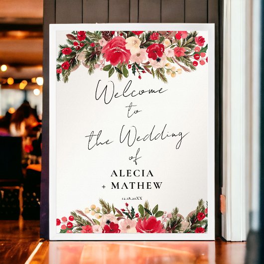 Rustikal-grün-blühende Winterhochzeit Begrüßung Poster