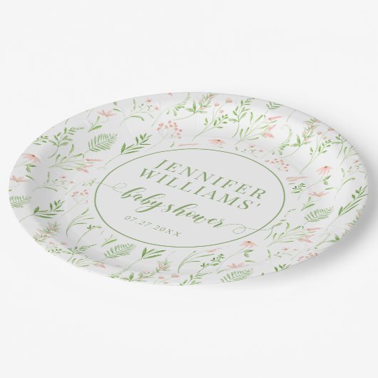 Rustikal-grüne Rosa kleine Wildblume Babydusche Pappteller (Schrägansicht)