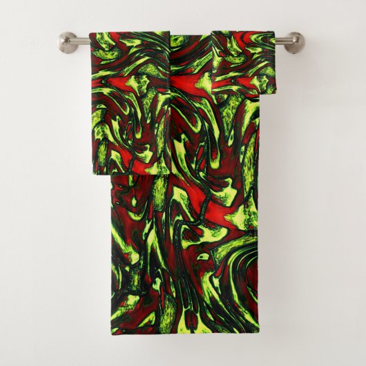 Rustikal-grüngelbe und lebhafte rote Kurven Badhandtuch Set (Insitu)