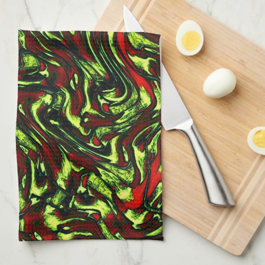 Rustikal-grüngelbe und lebhafte rote Kurven Geschirrtuch (Viertel Falte)
