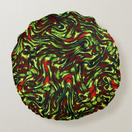 Rustikal-grüngelbe und lebhafte rote Kurven Rundes Kissen