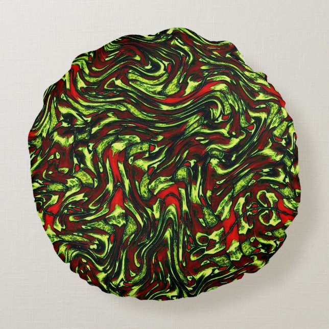 Rustikal-grüngelbe und lebhafte rote Kurven Rundes Kissen (Rückseite)
